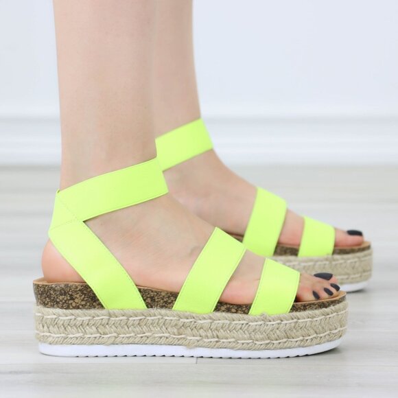 Neon Yellow Elastic Strappy Sandals Espadrille Platform Heel - Picture 13 of 14